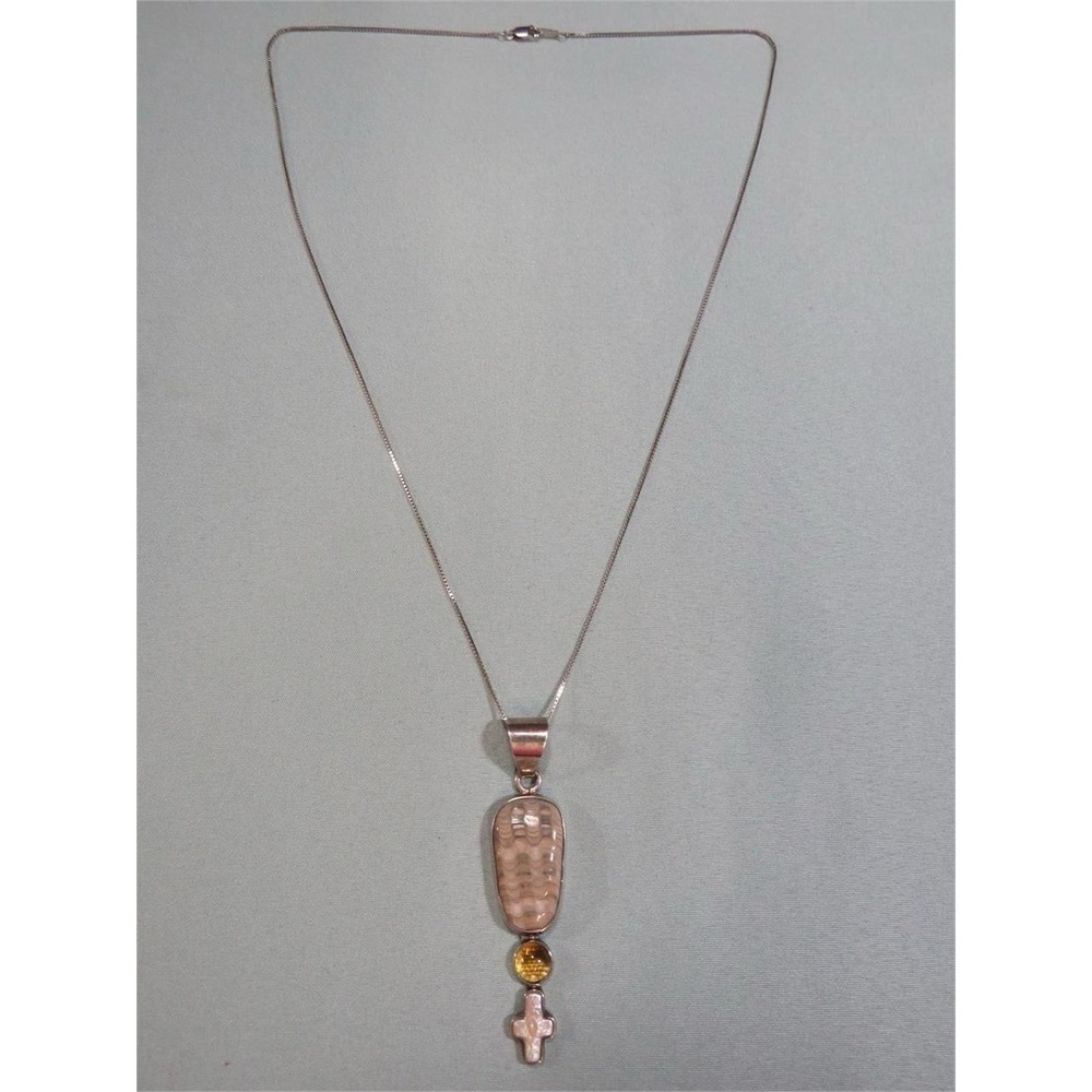 Coleman Sterling Silver 22" Southwestern Fossil Amber MOP Cross Necklace